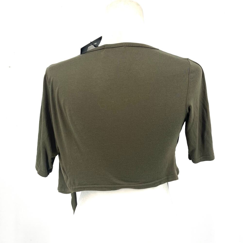 Pretty Little‎ Thing 4 Women's Khaki Jersey Front Tie Crop Top NWT - Picture 6 of 8